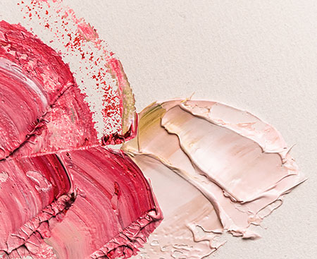 A soothing, heart-shaped oil painting, with thick brushstrokes in rose, pink, and white